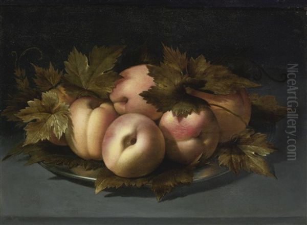 A Still Life Of Peaches On A Pewter Plate Oil Painting by Panfilo Nuvolone