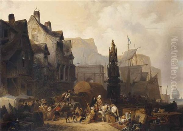 A Busy Harbour In Normandy Oil Painting by Wijnand Jan Joseph Nuyen