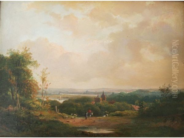 Figures In An Open Country Landscape With A Village Oil Painting by Wijnand Jan Joseph Nuyen