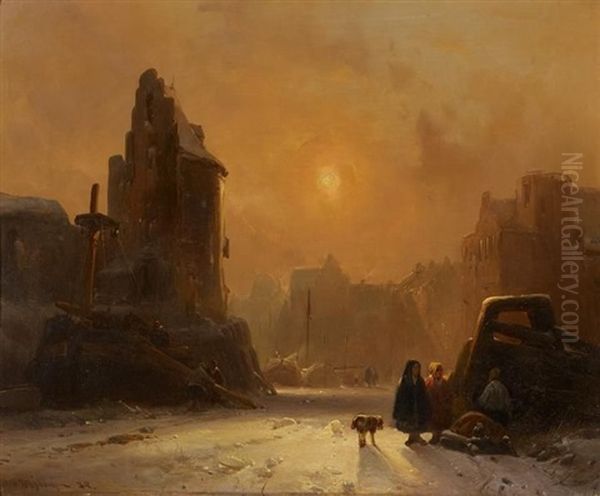 Eisiger Wintertag Auf Dem Zugefrorenen Kanal Einer Hollandischen Stadt Oil Painting by Wijnand Jan Joseph Nuyen