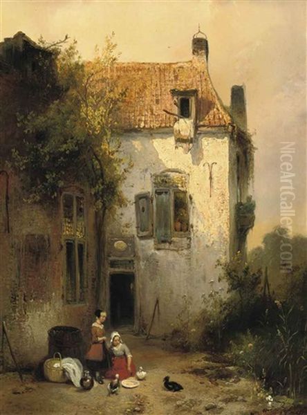 A Sunlit House With Two Girls Feeding The Ducks Oil Painting by Wijnand Jan Joseph Nuyen