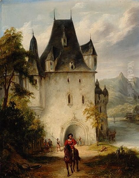 Knight On Horseback By The Castle Oil Painting by Wijnand Jan Joseph Nuyen