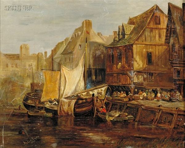 Docking Houseboats Oil Painting by Wijnand Jan Joseph Nuyen