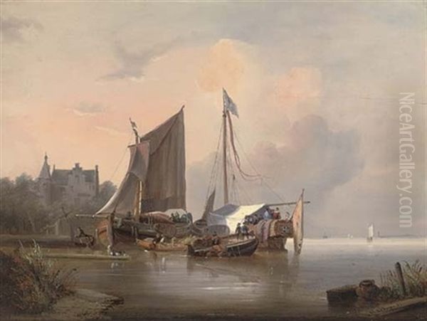 Ceremonial Barges Moored On A Dutch Waterway Oil Painting by Wijnand Jan Joseph Nuyen