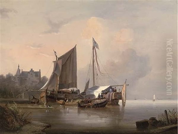 Ceremonial Barges Moored On A Dutch Waterway Oil Painting by Wijnand Jan Joseph Nuyen