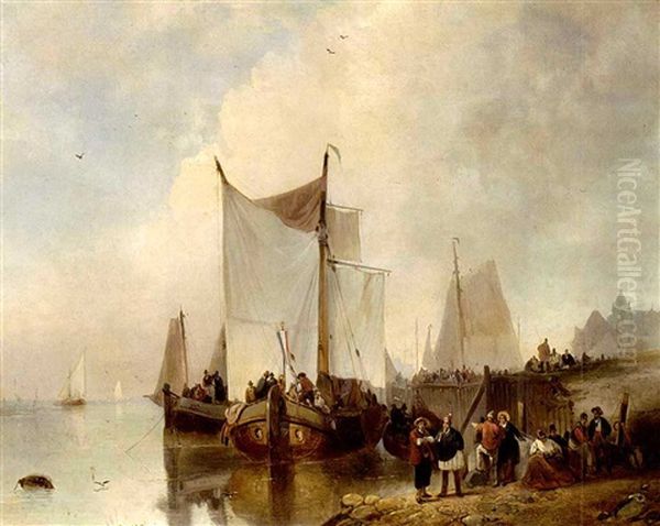 Moored Sailing Vessels Near A Harbour Oil Painting by Wijnand Jan Joseph Nuyen