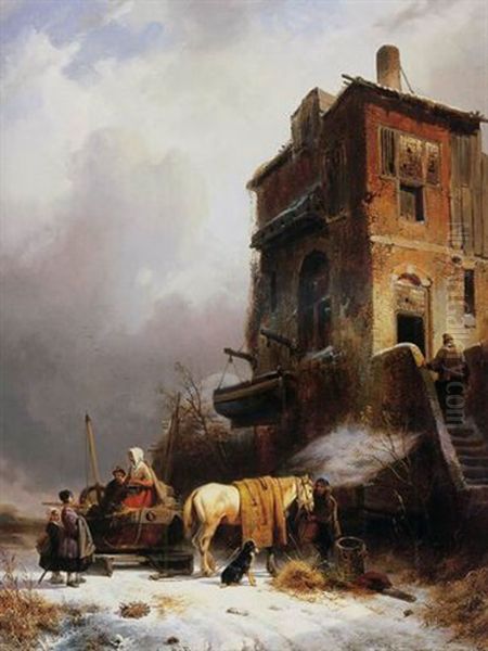 Hiver: A Winter Landscape With Figures Near A Fisherman's House Oil Painting by Wijnand Jan Joseph Nuyen