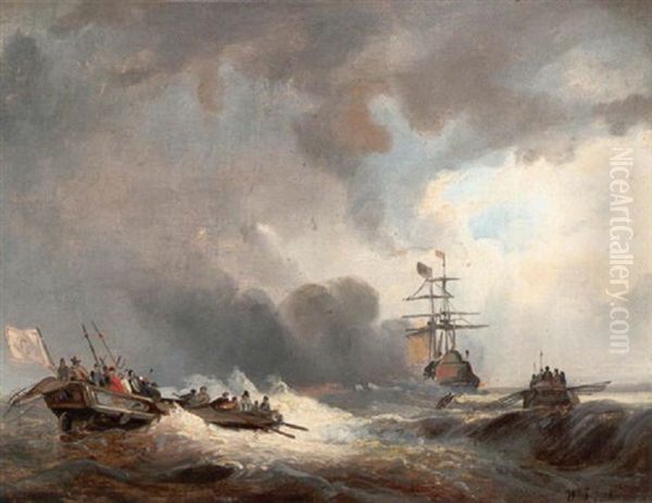 Marine. Ruderboote Auf Dem Weg Sum Admiralsschiff Oil Painting by Wijnand Jan Joseph Nuyen