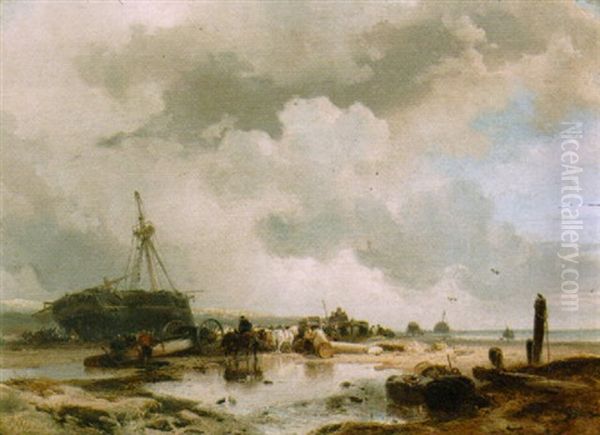 Fisherfolk And Horses Pulling A Boat On The Beach Oil Painting by Wijnand Jan Joseph Nuyen