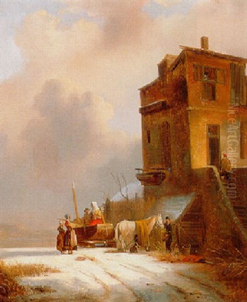 Winterlandschap Met Rechts Een Bespannen Slede Met Figuren Bij Een Huis Oil Painting by Wijnand Jan Joseph Nuyen