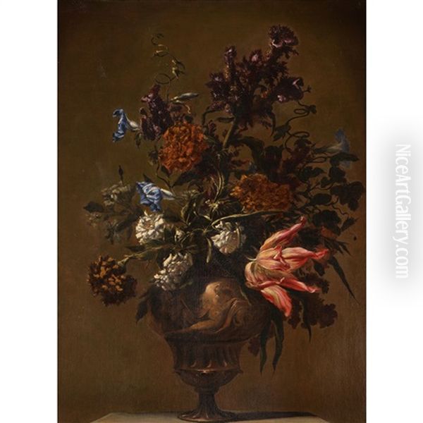 A Still Life Of Ipomoeas, Cirsium, Tulips, Carnations And Dog Roses Oil Painting by Mario Nuzzi