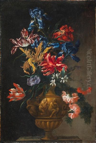 Tulips, Irises, Narcissi And Other Flowers In A Bronze Urn Oil Painting by Mario Nuzzi