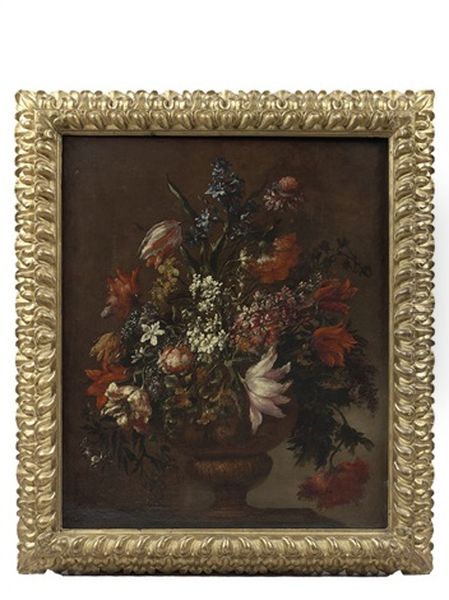 Bouquet De Fleurs Dans Un Vase Pose Sur Un Entablement Oil Painting by Mario Nuzzi