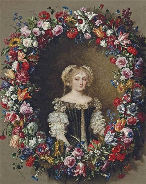 Portrait Of A Lady, Traditionally Identified As A Member Of The Colonna Family, Small Half-length, In A Green Dress With A White Chemise, Surrounded By A Garland Of Flowers Oil Painting by Mario Nuzzi