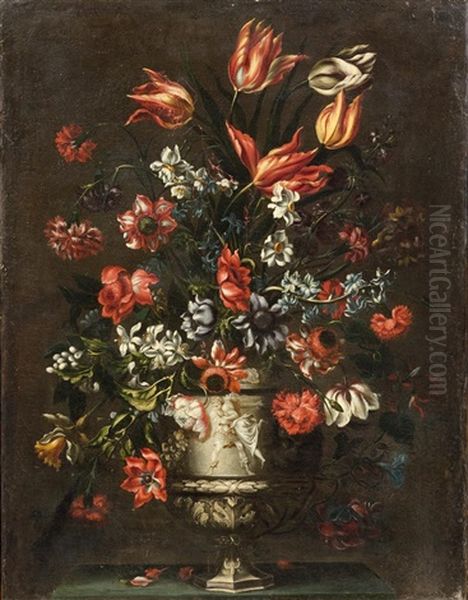 Bouquet Of Flowers In A Stone Vase Oil Painting by Mario Nuzzi