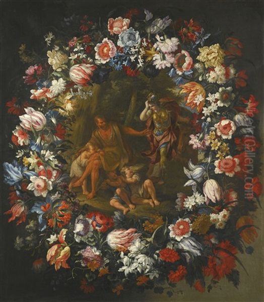 A Garland Of Flowers Surrounding A Scene Depicting Erminia And The Shepherd Oil Painting by Mario Nuzzi