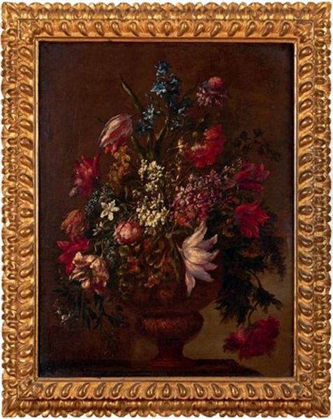 Bouquet De Fleurs Dans Un Vase Pose Sur Un Entablement Oil Painting by Mario Nuzzi