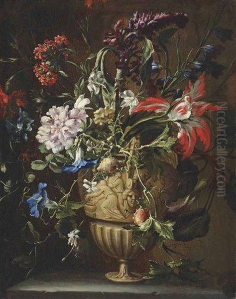 A Parrot Tulip, Morning Glories, A Spiraea And Other Flowers In A Sculpted Urn, On A Stone Ledge Oil Painting by Mario Nuzzi