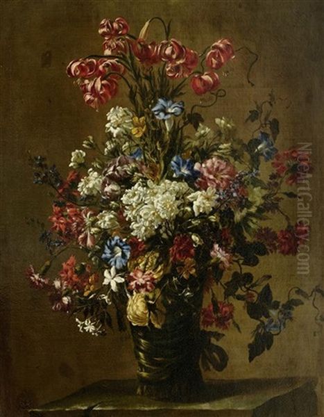 Gebundener Blumenstrauss Auf Einer Steinplinthe Oil Painting by Mario Nuzzi