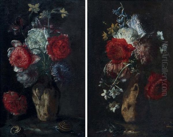 Bouquets De Fleurs Dans Un Vase (pair) Oil Painting by Mario Nuzzi