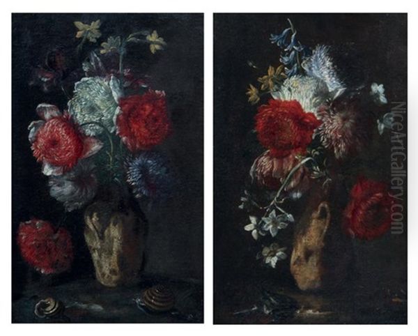 Bouquets De Fleurs (pair) Oil Painting by Mario Nuzzi