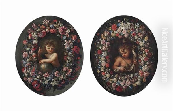 The Christ Child Surrounded By A Garland Of Flowers (+ The Infant Saint John The Baptist Surrounded By A Garland Of Flowers; Pair) Oil Painting by Mario Nuzzi