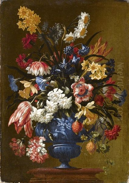 Narzissen, Anemonen, Tulpen, Roschen, Akeleien, Glockenblumen, Nelken In Einer Blauen Antikisierend Verzierten Vase Oil Painting by Mario Nuzzi