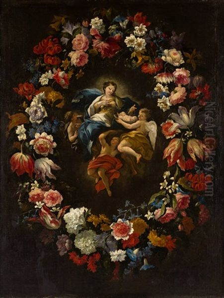 Guirnalda De Flores Con La Virgen De La Leche (attrib. To Collab. W/luca Giordano) Oil Painting by Mario Nuzzi