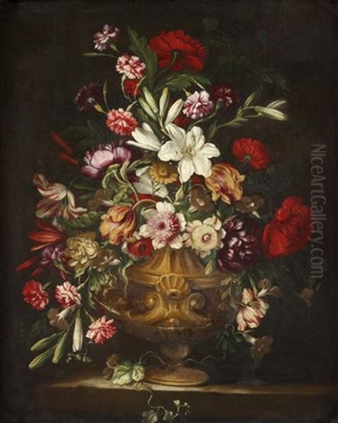 Lilies, Carnations, Tulips, Anemonies, Morning Glory, Peonies And Other Flowers In A Sculpted Urn On A Stone Ledge Oil Painting by Mario Nuzzi