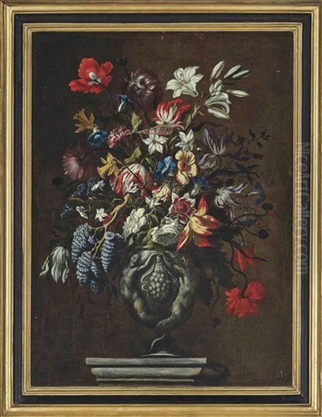 Tulips, Carnations, Narcissi, Poppies, Jasmin, Convulvulus And Other Flowers In A Sculpted Urn On A Plinth Oil Painting by Mario Nuzzi