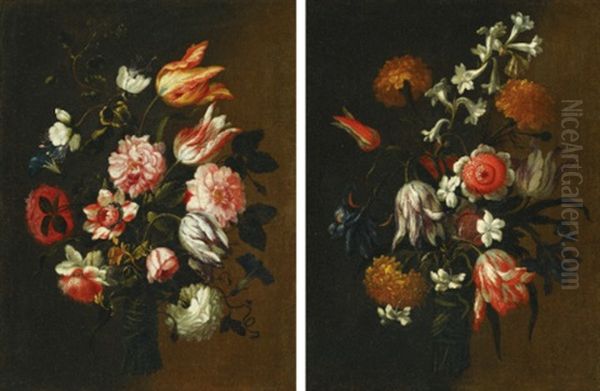 Still Lifes With Tulips, Roses And Other Flowers Tied In Bunches (pair) Oil Painting by Mario Nuzzi