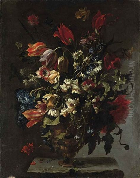 Narcissi, Daffodils, Clematis, Tulips, Carnations And Other Flowers In An Ornamental Vase, On A Stone Legde Oil Painting by Mario Nuzzi