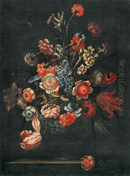 Blumenstillleben Mit Libelle In Antiker Reliefvase Oil Painting by Mario Nuzzi