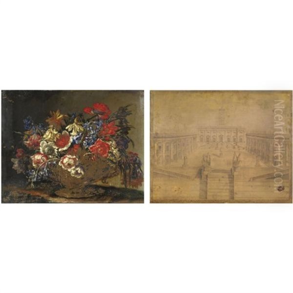 Natura Morta Con Anemoni, Giacinti, Tromboni E Giunchiglie In Una Coppa Di Metallo (+ Veduta Del Campidoglio, Verso) Oil Painting by Mario Nuzzi