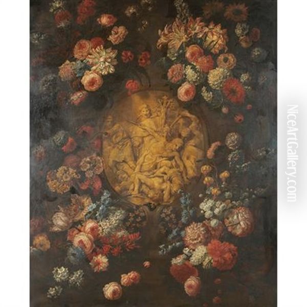 Still Life Of Flowers Surrounding A Carved Relief Oil Painting by Mario Nuzzi