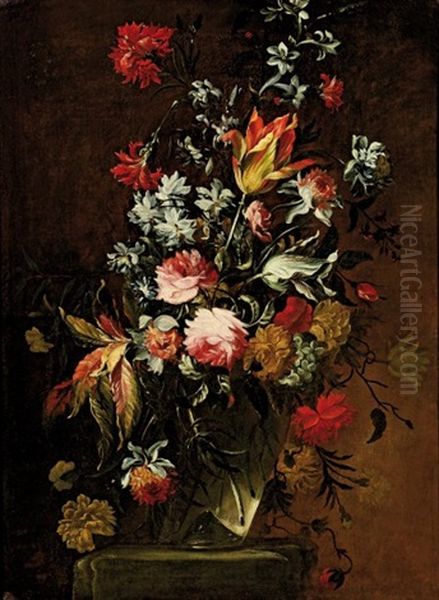 Bouquet De Fleurs Dans Un Vase En Verre Oil Painting by Mario Nuzzi