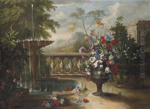 Une Urne De Fleurs Pres D'une Fontaine Dans Un Parc Oil Painting by Mario Nuzzi