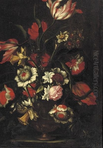 Tulips, Roses, Narcissi And Other Flowers In A Vase On A Ledge Oil Painting by Mario Nuzzi