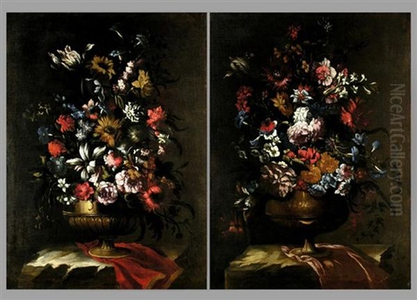 Stillleben Mit Blumen In Vase Auf Draperie (+ Another, Similar; Pair) Oil Painting by Mario Nuzzi