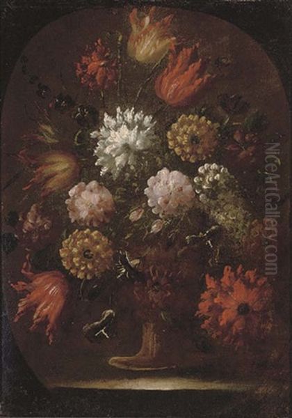 Chrysanthemums, Tulips And Other Flowers In An Urn Oil Painting by Mario Nuzzi