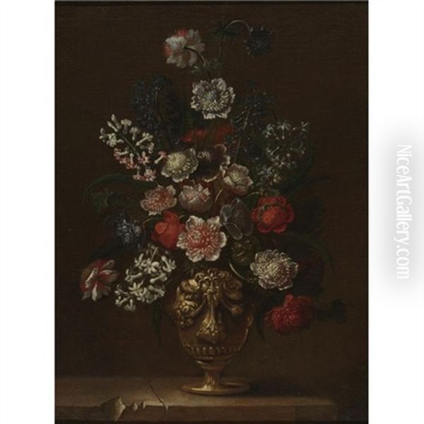 Still Life Of Flowers In An Urn On A Marble Ledge Oil Painting by Mario Nuzzi