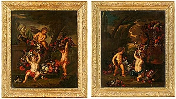 Stilleben Med Putti Och Blommor (pair) Oil Painting by Mario Nuzzi