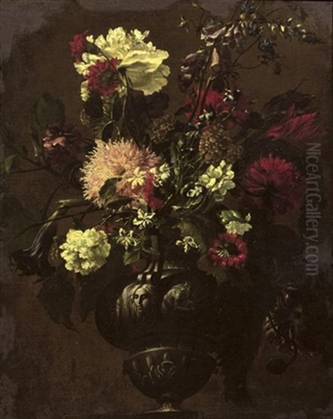 Tulips, Carnations And Other Flowers In A Sculpted Vase Oil Painting by Mario Nuzzi