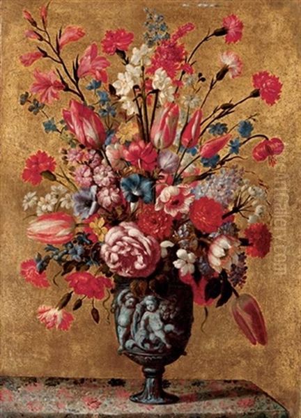 Tulips, Carnations, Roses, Anemones, Gladioli, Lilac, Morning Glory And Other Flowers In A Sculpted Urn, On A Tabletop Oil Painting by Mario Nuzzi