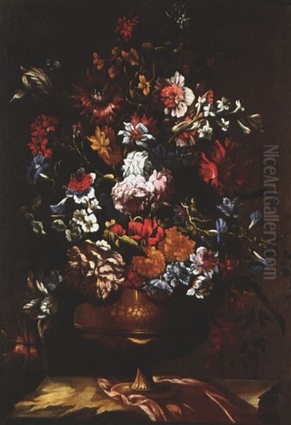 Stillleben Mit Blumen In Vase Auf Draperie Oil Painting by Mario Nuzzi