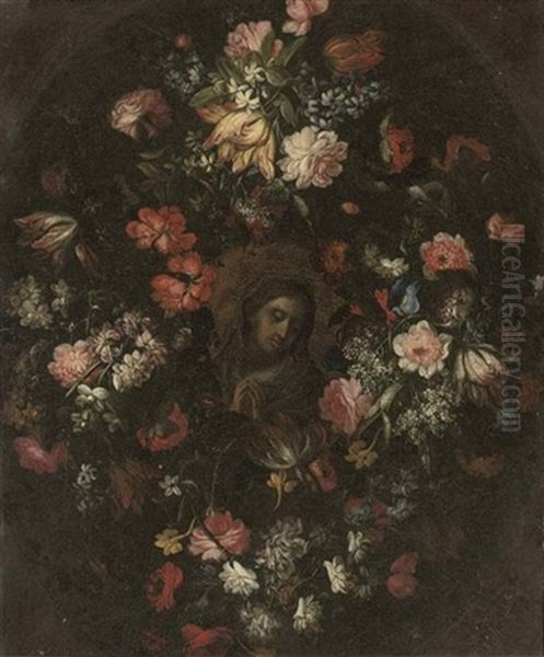 The Madonna At Prayer In A Floral Cartouche by Mario Nuzzi