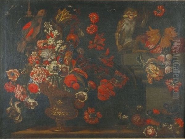 Still Life With A Vase Of Flowers, A Parrot And A Monkey Oil Painting by Mario Nuzzi