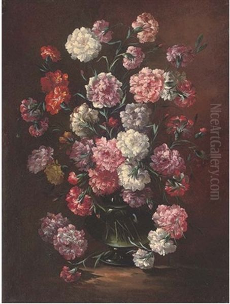 Carnations In A Glass Vase In A Clearing Oil Painting by Mario Nuzzi