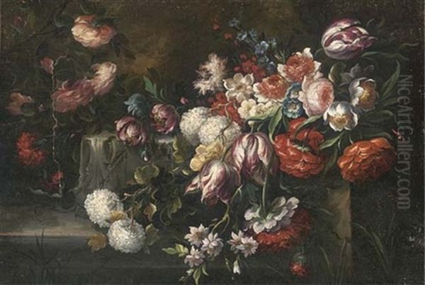 Roses, Parrot Tulips, Morning Glory And Other Flowers On A Ledge Oil Painting by Mario Nuzzi