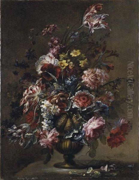 Rose, Tulipani, Campanule E Altri Fiori In Un Vaso Di Metallo Su Un Piano Oil Painting by Mario Nuzzi